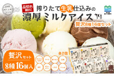 搾りたて 生乳 仕込みの 濃厚ミルクアイス （贅沢8種16個セット）Qak-37 アイスクリーム アイス アイスセット バニラアイス いちごアイス イチゴアイス 緑茶アイス 生姜アイス ブルーベリーアイス チョコアイス ミルクアイス ミルク アイス大容量 詰め合わせ 冷凍 人気セット