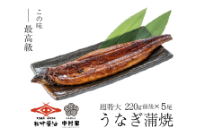 【120年老舗醤油蔵仕込みのたれと関門の塩】超特大 鰻 蒲焼（220g前後）×5尾 合計1.1kg前後 タレ付 山椒小袋 うなぎ 蒲焼き 冷凍