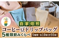 自家焙煎 コーヒー豆 ドリップバッグ 5種類 計50袋 飲みくらべ セット 1袋10g【思いやり型返礼品】 コーヒー 豆 飲み比べ
