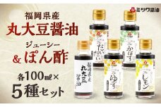 福岡県産丸大豆醤油・ジューシーぽん酢 4種 100ml×5本セット 1箱入り 食べ比べ 調味料 醤油 しょうゆ だいだい ゆず 柚子 かぼす レモン 柑橘
