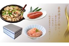 豪華博多三種セット（博多辛子明太子・いか明太子・純国産博多もつ鍋（醤油味））