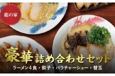 龍の家 豪華詰め合わせセット（ラーメン4食・餃子・バラチャーシュー・替玉）_ラーメン 4食入 2種類 ×2袋 餃子 20個 チャーシュー 10枚 替玉 2食 詰め合わせ セット 食べ比べ とんこつ 自家製麺 生麺 具付き 純味 こく味 背脂 香油 辛みそ お取り寄せグルメ 有名店 龍の家 久留米 福岡 九州 冷凍 食品 送料無料_Br007