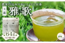 原田茶園　　玉露ティーバッグ　雅歌64g　(4g×8)×2袋_玉露 雅歌 ティーバッグ 4g × 8個 2袋 計64g 農家仕込み 八女茶 濃厚 旨み お湯 水出し 苦味 出にくい こだわり 栽培 手軽さ 美味しさ お家 オフィス 学校 旅行先 アウトドア 淹れ方 場所 選ばない 日本茶 緑茶 お茶 お取り寄せ 福岡県 久留米市 送料無料_Ex228