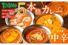 【中辛】ビスヌ 本格カレー 5種_ビスヌ 本格 カレー 5種 バターチキン 豆 海老 チキン キーマ 各 1個 中辛 インドカレー スパイス こだわり インド 直輸入 Aランク できたて 冷凍 真空パック お取り寄せ 福岡県 久留米市 送料無料_Ca046-02