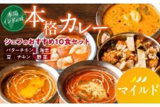 【マイルド】ビスヌ 本格カレー　シェフのおすすめ10食_ビスヌ 本格 カレー シェフ おすすめ 10食 バターチキン 豆 海老 チキン 野菜 各 2個 マイルド インドカレー スパイス こだわり インド 直輸入 Aランク できたて 冷凍 真空パック お取り寄せ 福岡県 久留米市 送料無料_Ca047-01