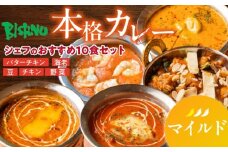 【マイルド】ビスヌ 本格カレー　シェフのおすすめ10食_ビスヌ 本格 カレー シェフ おすすめ 10食 バターチキン 豆 海老 チキン 野菜 各 2個 マイルド インドカレー スパイス こだわり インド 直輸入 Aランク できたて 冷凍 真空パック お取り寄せ 福岡県 久留米市 送料無料_Ca047-01