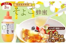 【全3回】 定期便 かの蜂 国産 そよご蜂蜜 合計3kg（とんがり容器1kgを毎月1本お届け）