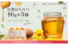 かの蜂 蜂蜜 エコパック 3種 90g×3袋 メール便　完熟はちみつ 百花蜂蜜 非加熱 国産 外国産 お試し 食べ比べ 保存食 防災グッズ