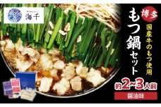 【海千】もつ鍋2～3人前セット（醤油味） 国産牛もつ 九州醤油 宗像産大豆 博多もつ鍋 ちゃんぽん麺 ヘルシー 野菜たっぷり ぷるん 甘め 特製スープ 福岡県 八女市