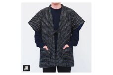 綿入れ やっこ 半纏 (半袖) 市松箱柄 【黒】はんてん 織物