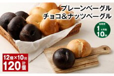 【1ヶ月毎10回定期】 プレーンベーグル・チョコ＆ナッツベーグル 12個✕10回 合計120個 ベーグル パン セット 冷凍
