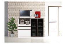 （ホワイト）【開梱設置】 ゼブラ キッチンカウンター 幅120cm キッチン収納 レンジ台 完成品 大型レンジ対応 ブラック スライド 大川家具 日本製