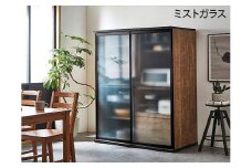 【開梱設置】引き戸 食器棚 レンジボード ポエム 幅133.5 （ミスト・クリア・スモークガラス／レディオーク）キッチン収納 大川家具 家具