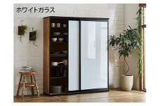 【開梱設置】引き戸 食器棚 ダイニングボード ポエム 幅153.5 （ホワイトガラス／レディオーク）キッチン収納 大川家具 家具