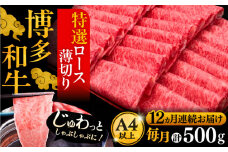 【全12回定期便】A4ランク以上 博多和牛 特選ロース 薄切り 500g《豊前市》【久田精肉店】 [VBK061]