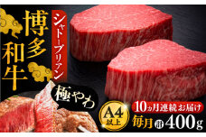 【全10回定期便】博多和牛 ヒレ シャトーブリアン 200g × 2枚《豊前市》【久田精肉店】 [VBK082]