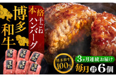 【全3回定期便】博多和牛100％！本格 手ごね ハンバーグ 6個《豊前市》【久田精肉店】 [VBK114]