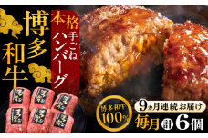【全9回定期便】博多和牛100％！本格 手ごね ハンバーグ 6個《豊前市》【久田精肉店】 [VBK120]