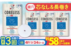 【北海道・沖縄・離島用】【隔月配送 全3回定期便】【細穴タイプ】　トイレットペーパー ダブル 24ロール 長巻き 65m (6ロール×4パック) 宅配 コアレス 《豊前市》【大分製紙】 日用品 消耗品 常備品 大容量 [VAA147]