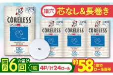 【北海道・沖縄・離島用】【隔月配送 全6回定期便】【細穴タイプ】　トイレットペーパー ダブル 24ロール 長巻き 65m (6ロール×4パック) 宅配 コアレス 《豊前市》【大分製紙】 日用品 消耗品 常備品 大容量 [VAA148]