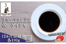 定期便 12ヶ月 自家焙煎 ブルーマウンテンNo.1&ゲイシャ (豆) 各100g ポスト投函 珈琲 コーヒー 12回 お楽しみ Morrow珈琲
