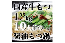 国産牛もつ1kgオーバー！ 九州醤油もつ鍋 メガ盛り10人前 [牛もつ1.05kg／九州醤油スープ付]