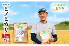 定期便 12ヶ月 米 たごもり農園の自然米 ヒノヒカリ 3kg 小郡産 栽培期間中 農薬不使用 お米 コメ 精米 12回 お楽しみ