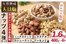 天然熟成天日塩 ナッツ4種セット(400g×4袋・合計1.6kg)ナッツ カシューナッツ ピスタチオ ミックスナッツ アーモンド 素焼きナッツ おつまみ おやつ 晩酌 常温 常温保存【ksg0086-C】【南国フルーツ】