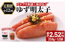 ＜定期便・全12回(連続)＞プチプチ粒感！無着色 ゆず明太子3本入り (総量2.52kg・210g×12回)国産 福岡県産 明太子 魚介 海鮮 魚卵 柚子 ゆず＜離島配送不可＞【ksg1410】【フィッシャーマンズクラブ】