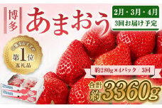 【レビューCP対象】【定期便／3ヶ月連続お届け】アフター保証 大人気のあまおう 280g×4パック 計3回 総量3.36kg 3ヶ月定期便 福岡県産いちご【JAほたるの里】_HB0032