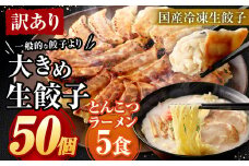 【訳あり】【国産冷凍生餃子】大きめ餃子50個＆おまけとんこつラーメン5食付き 合計2kg