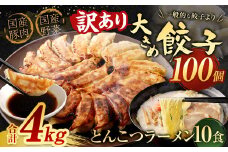 【訳あり】【国産冷凍生餃子】大きめ餃子100個＆おまけとんこつラーメン10食付き 合計4kg