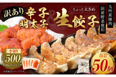 訳あり！ちょっと大きめ国産生餃子(ラー麦使用)1kg(50個×1袋)＆辛子明太子小切り500g(100g×5パック)セット