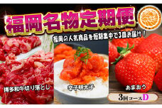 【3回届く！コースD】福岡名物定期便（和牛・明太子・あまおう）★福岡の人気商品を短期集中で3回お届け！[G7040]