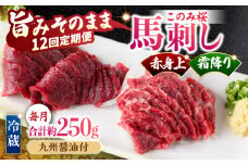 【12回定期便】鮮度抜群！冷蔵お届け 上馬刺し 2種 食べ比べ 計250g 赤身(150g) 霜降り(100g) ブランド馬肉「このみ桜」馬刺し用醤油付き【馬庵このみ】馬刺し 馬肉 霜降り 赤身ブロック 国産 九州産 冷蔵