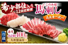 【12回定期便】鮮度抜群！冷蔵お届け 特上含む 馬刺し このみ桜プレミアム4点セット 計400g 赤身(150g) 特上霜降り(100g) ふたえご刺し(100g) たてがみ刺し(50g)【馬庵このみ】赤身 霜降り 冷蔵 食べ比べセット