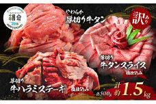 【朝倉市制施行20周年記念企画】 訳あり やわらか厚切り 牛タン 500g＋ 薄切り 牛タンスライス 塩仕込み 500g+ 厚切り 牛ハラミ ステーキ 塩仕込み 計1.5kg(500g×3p) ※配送不可：離島
