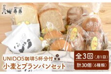 【 全3回 定期便 】栽培期間 農薬 科学肥料 不使用 小麦 と ブラン の パン セット & UNIDOS 珈琲 5杯分 ( 卵 / 乳製品 不使用 )《糸島》【天然パン工房楽楽】 【いとしまごころ】[AVC022]