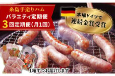 【全3回定期便】本場ドイツで連続金賞受賞！本格 ウインナーの バラエティ 定期便 ( ウインナー / ハム / 生ウインナー / 生ハム ) 糸島 / 糸島手造りハム バラエティーセット [AAC009] ランキング 上位 人気 おすすめ