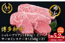 【全6回定期便】【極厚ステーキ】シャトーブリアン 約180g×2枚 サーロインステーキ 約250g×2枚 合計4枚 博多和牛 A4ランク 和牛 ヒレ《糸島》【糸島ミートデリ工房】 [ACA178]