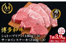 【全3回定期便】【極厚ステーキ】シャトーブリアン 約180g×3枚 サーロインステーキ 約250g×3枚 合計6枚 博多和牛 A4ランク 和牛 ヒレ《糸島》【糸島ミートデリ工房】 [ACA181]