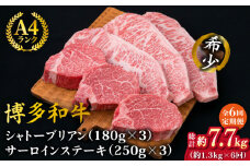 【全6回定期便】【極厚ステーキ】シャトーブリアン 約180g×3枚 サーロインステーキ 約250g×3枚 合計6枚 博多和牛 A4ランク 和牛 ヒレ《糸島》【糸島ミートデリ工房】 [ACA182]