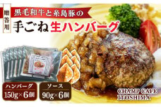 【贈答用】 糸島一人気の黒毛和牛と糸島豚の手ごね生ハンバーグ 特製角切りオニオンのハンバーグソース付！冷凍真空パック 150g×6個 個包装【CHAMP CAFE】 [AQE012]