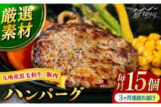 【全3回定期便】九州産黒毛和牛と九州産豚肉 ハンバーグ 15個セット＜なかがわ市場 うしじま＞那珂川市 ハンバーグ 豚肉 牛肉 合い挽き [GAR011]