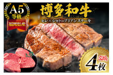 牛肉 A5等級 博多和牛 ヒレ シャトーブリアン ステーキ 4枚 520g [一千也フーズ 福岡県 宇美町 um40azp140000] 肉 和牛 ヒレ シャトーブリアン 福岡県産 冷凍