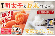 【定期便4回/年】やまやのご家庭用明太切子750gとお米（元気つくし）５㎏のセット AZ054