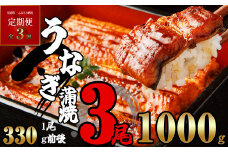 【定期便・全3回】ふっくらジューシー 有頭 うなぎ蒲焼 3尾 合計3000g 1000g前後×3回 SF013-2