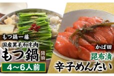 BF017.【もつ鍋一藤×かば田のコラボセット】国産黒毛和牛のもつ鍋「醤油」（４～６人前）・かば田の昆布漬辛子めんたい【もつ鍋・醤油味】【辛子明太子】