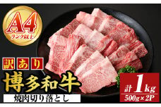 ＜訳あり＞【A4～A5】博多和牛焼肉切り落とし(肩ロース・バラ) (合計1kg・500g×2P) 国産 九州産 福岡県産 牛肉 和牛 黒毛和牛 ヤキニク やきにく 焼き肉 お肉【MEAT PLUS】as08-043