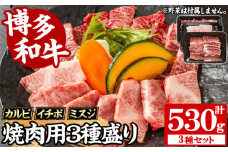 【A4～A5】博多和牛焼肉用3種盛りセット(合計530g・カルビ230g/イチボ150g/ミスジ150g) 国産 九州産 福岡県産 牛肉 和牛 黒毛和牛 ステーキ お肉 焼き肉 BBQ バーベキュー かるび いちぼ みすじ 霜降り 高級部位 希少部位 冷凍【朝ごはん本舗】as05-144